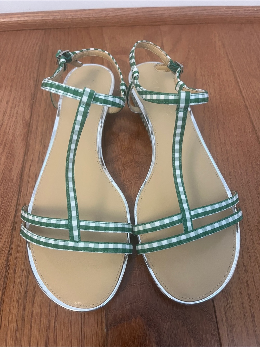 TALBOTS Green & White Gingham Check Micro Wedge Strappy Sandals Shoes, Women's 9